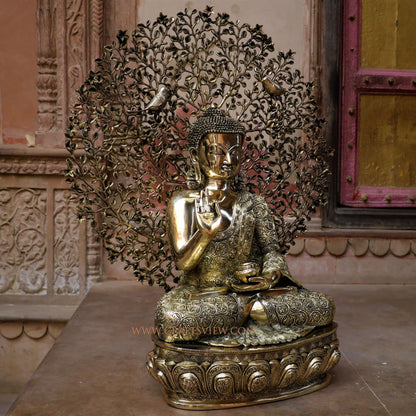 Brass Buddha With Bodhi Tree Background 30"