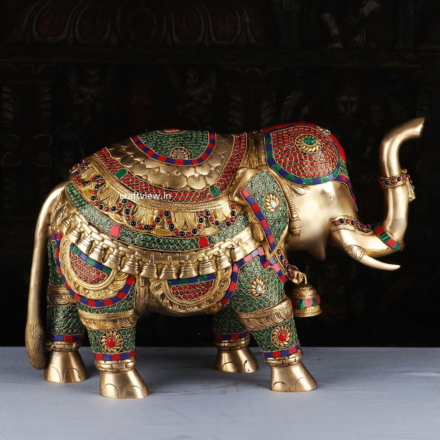 Brass Animal Elephant Sculpture Both Side Multi Stone Work