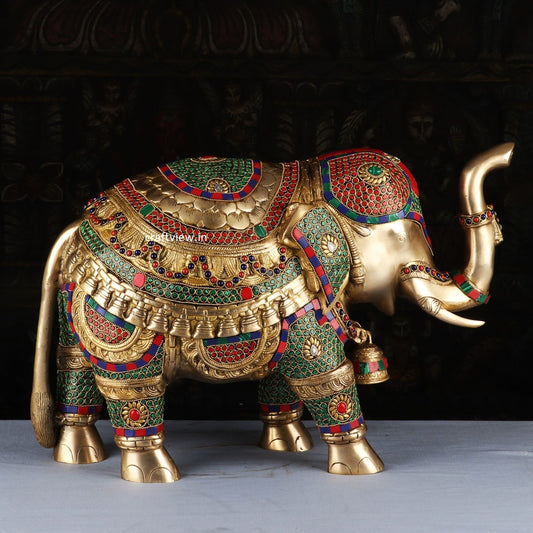 Brass Animal Elephant Sculpture Both Side Multi Stone Work craftsview