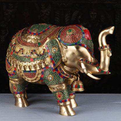 Brass Animal Elephant Sculpture Both Side Multi Stone Work