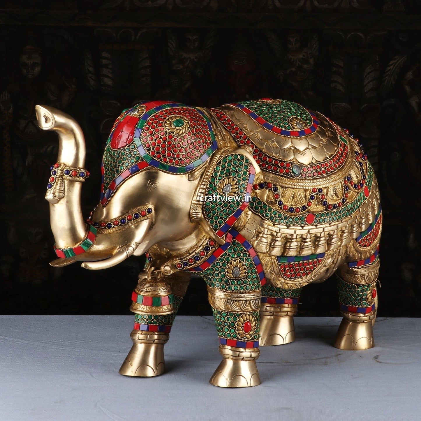 Brass Animal Elephant Sculpture Both Side Multi Stone Work