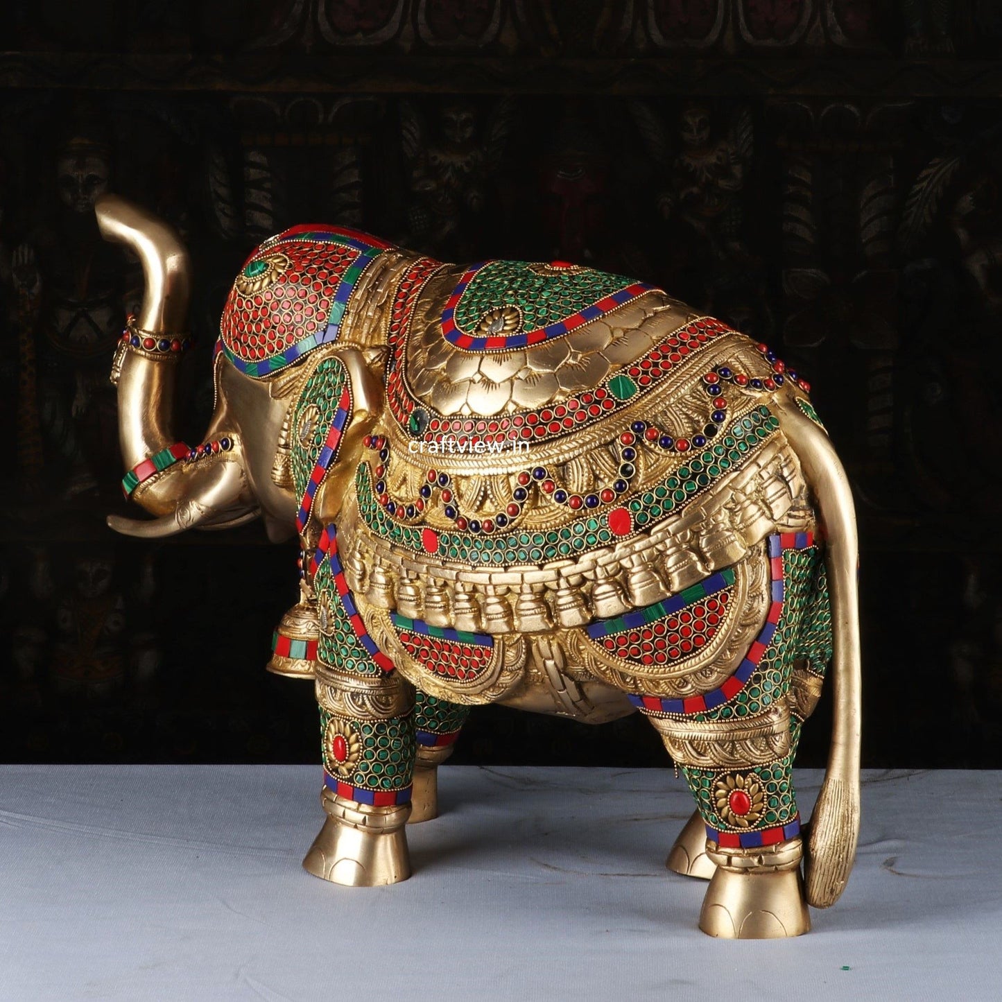 Brass Animal Elephant Sculpture Both Side Multi Stone Work