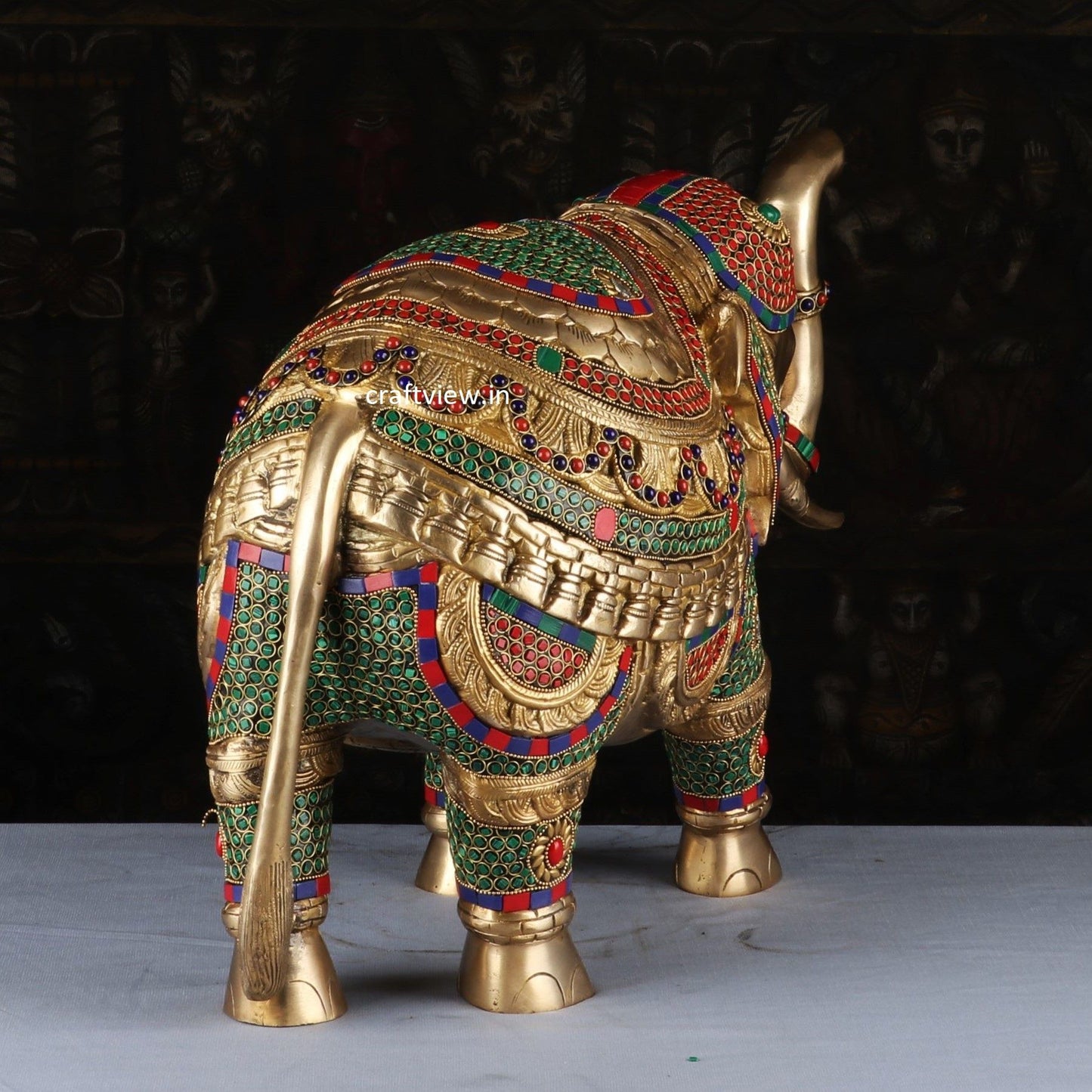 Brass Animal Elephant Sculpture Both Side Multi Stone Work