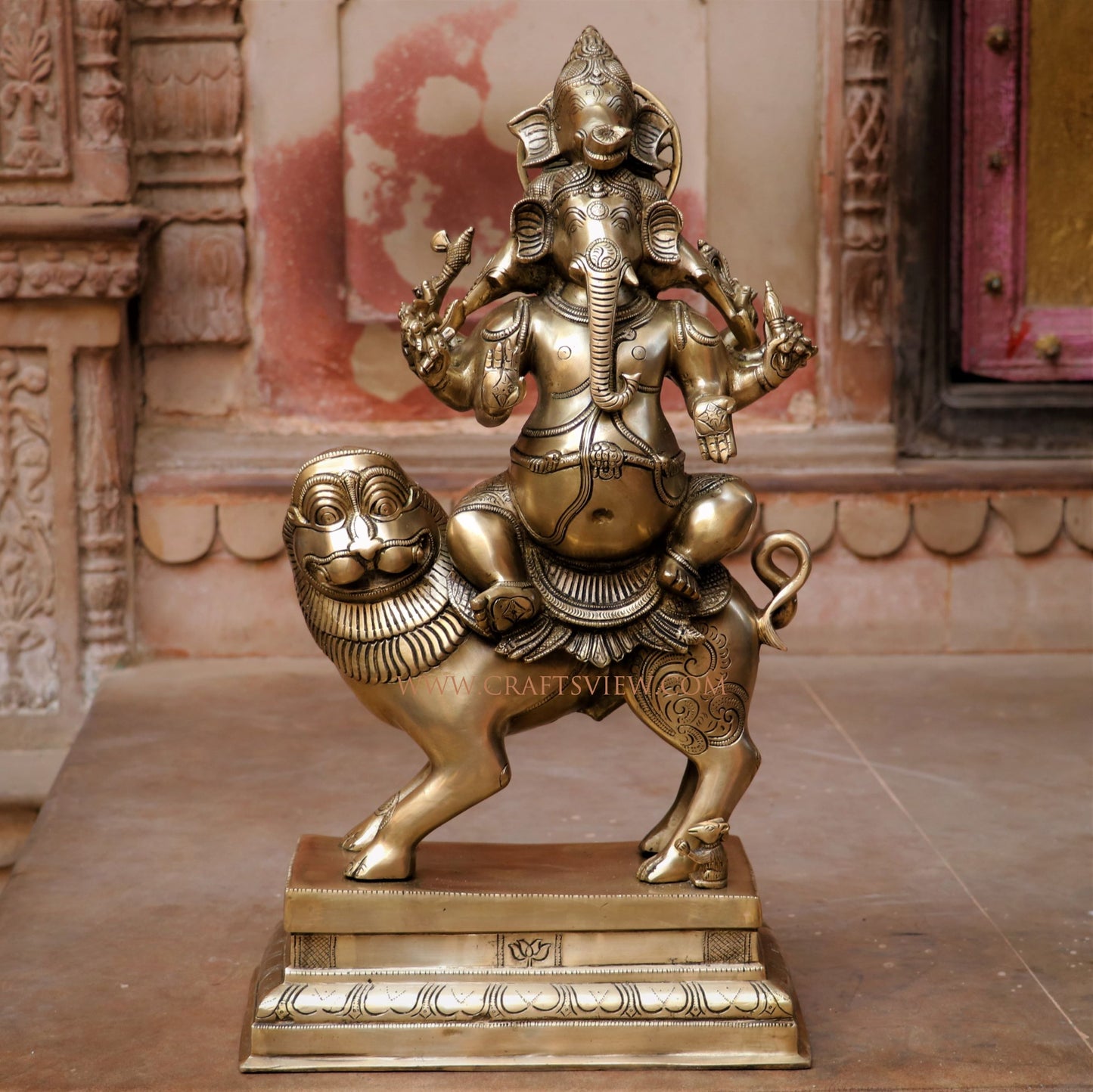 Brass Ganesha Heramba Statue  On Loin 22.5"