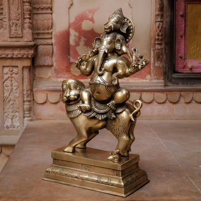 Brass Ganesha Heramba Statue  On Loin 22.5"