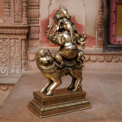 Brass Ganesha Heramba Statue  On Loin 22.5"