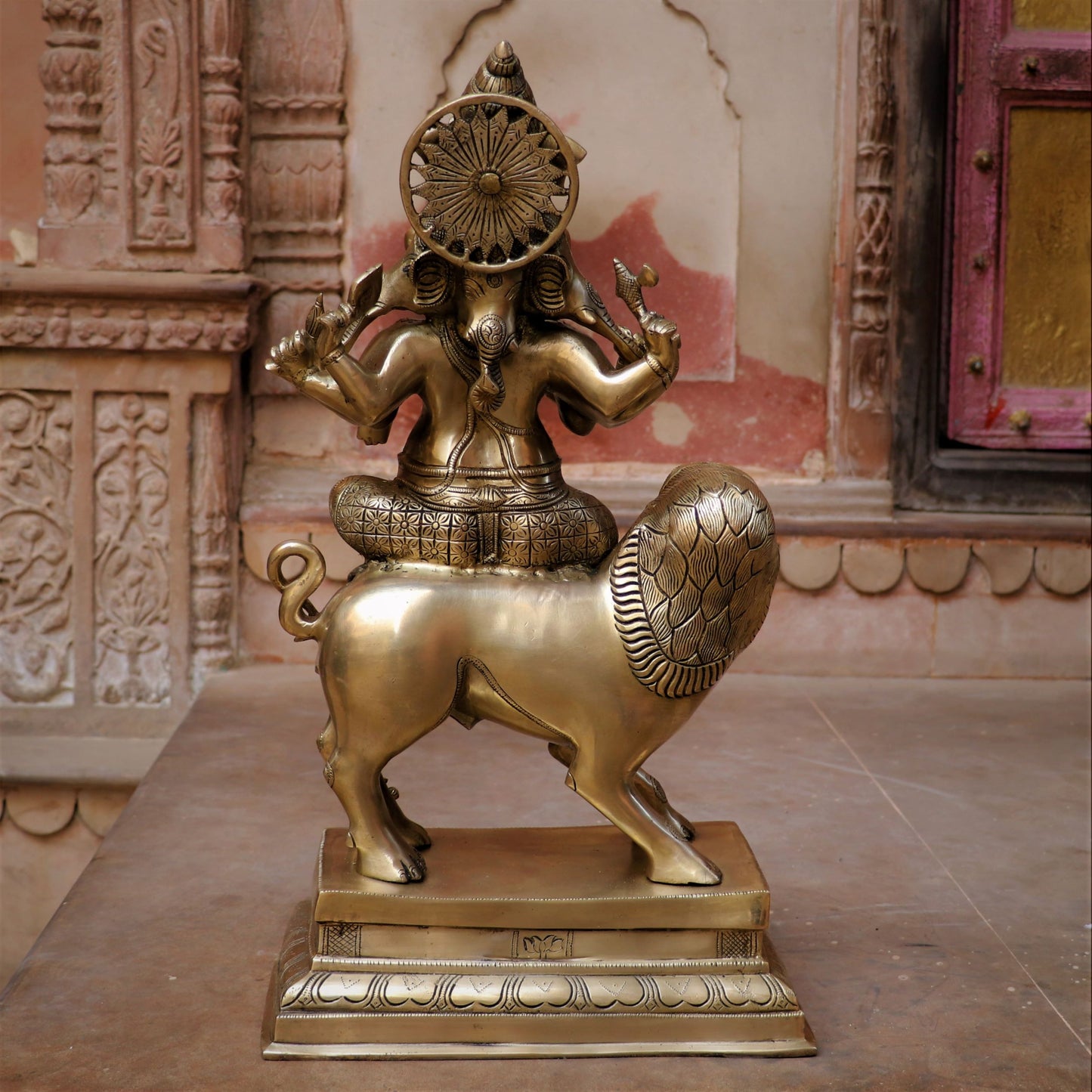 Brass Ganesha Heramba Statue  On Loin 22.5"