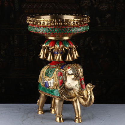 Brass Decorative Elephant Urli With Multicolor Stone Work