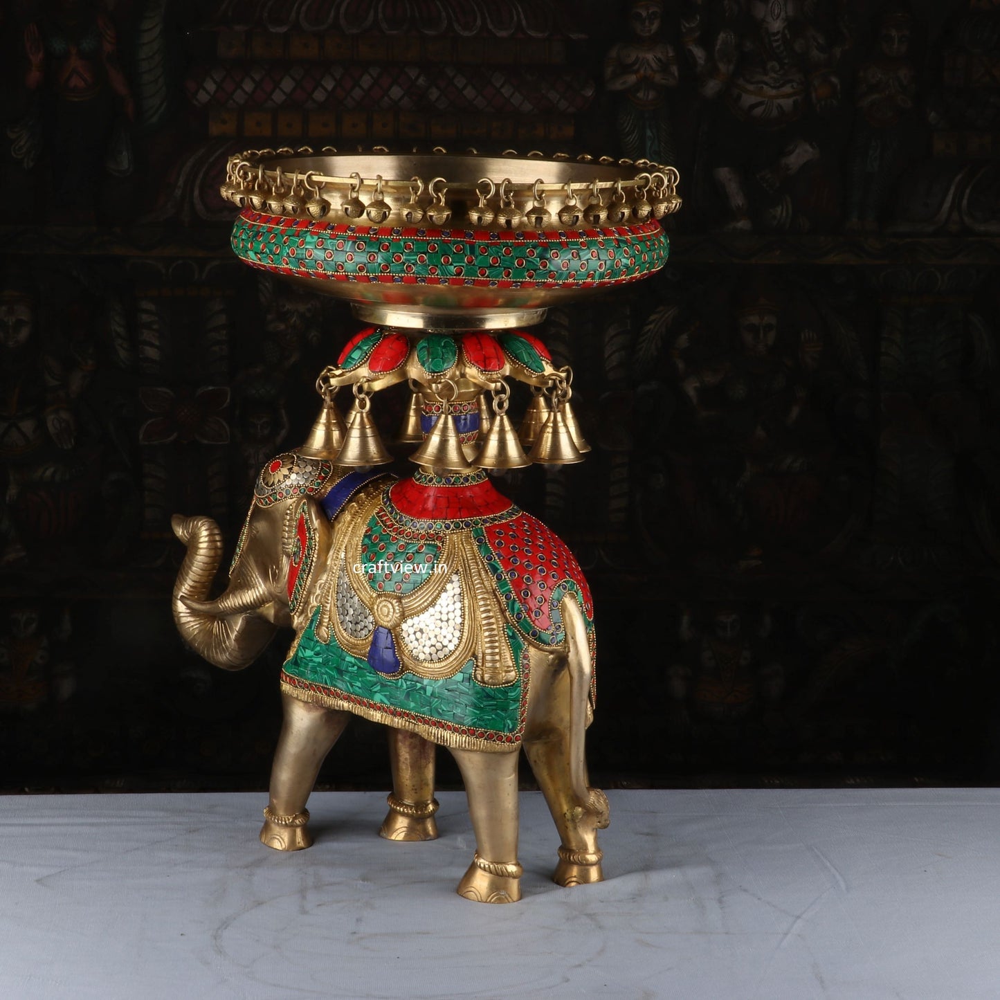 Brass Decorative Elephant Urli With Multicolor Stone Work