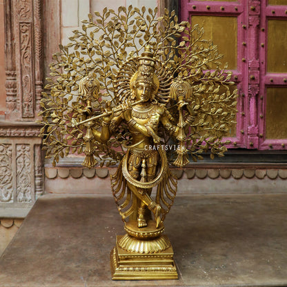 Brass Chaturbhuja Krishna With Tree 36"