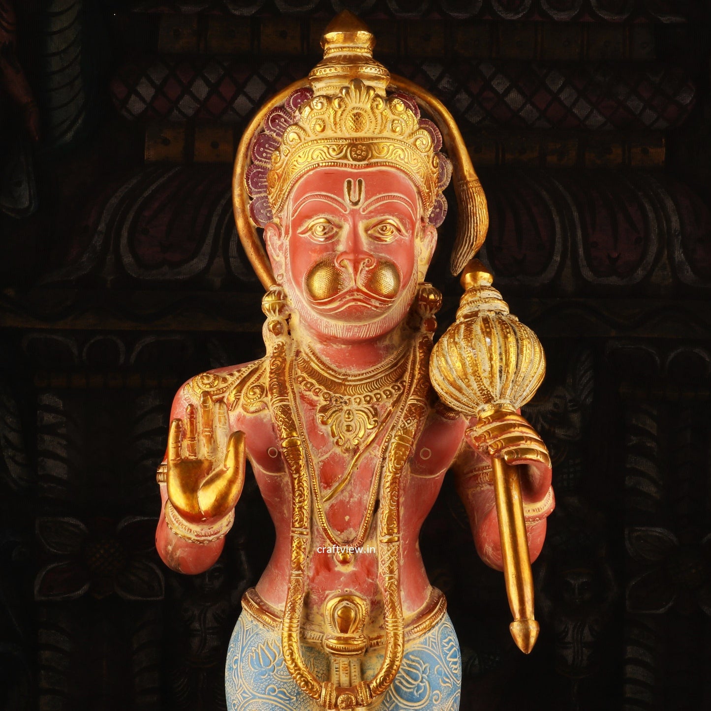 Standing Lord Hanuman Brass Statue in Blessing Colorful Finished