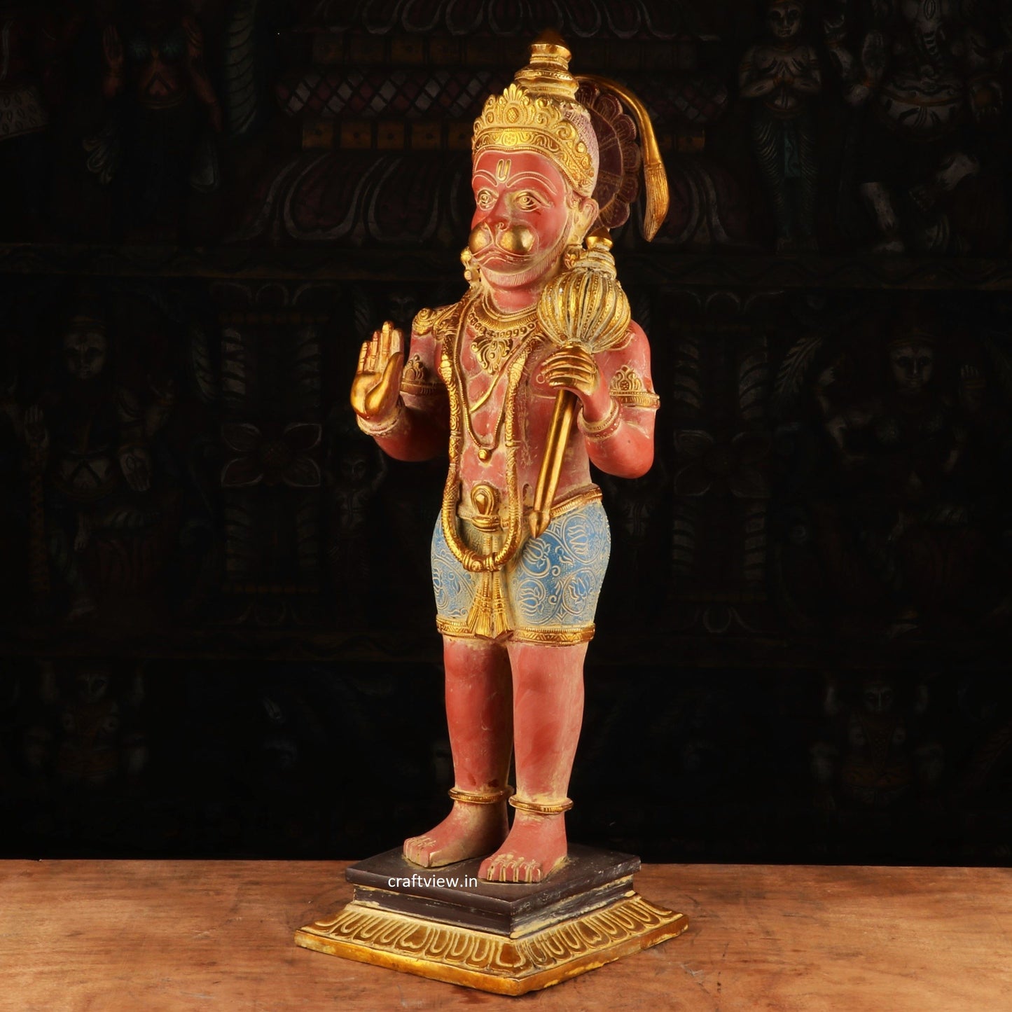 Standing Lord Hanuman Brass Statue in Blessing Colorful Finished