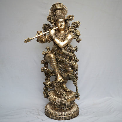 Exquisite Lord Krishna Brass Handmade Superfine Sculpture 43"