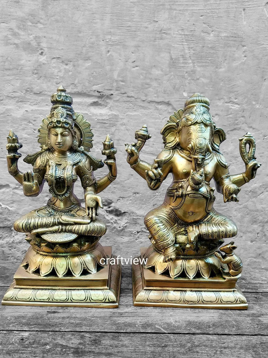 Brass Exquisite Ganesha Lakshmi Idols 2 Pieces Set 12" Craftsview