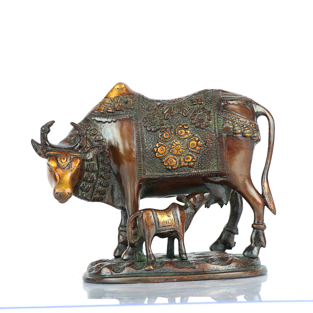 Brass Animal Cow and Calf Statue 7"