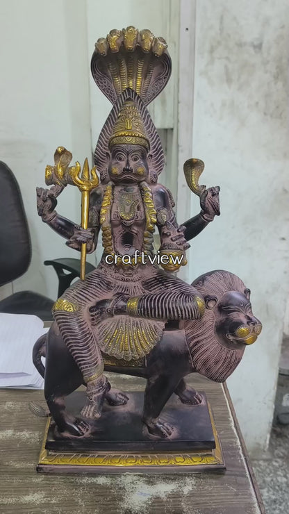 Brass Pratyangira Devi Statue, Seated on a Lion 19"