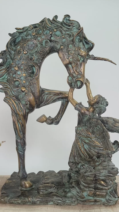 Decorative Bronze Sculpture a Mythical Unicorn-Like Horse and a Fairy/angel Figure.