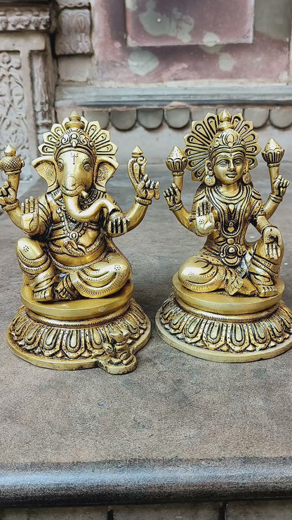 8" Brass Superfine Exquisite Ganesha Lakshmi Idols pair