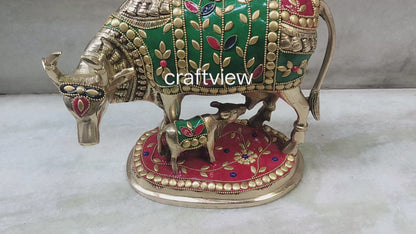 7" Brass Animal Cow and Calf Statue