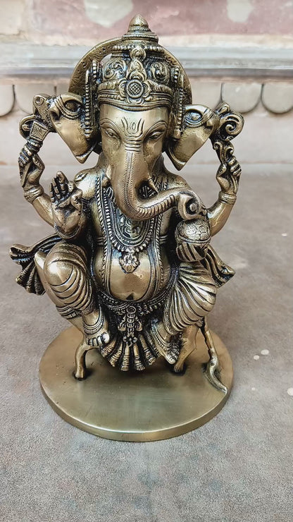 Brass Lord Ganesha Statue Sited On Musak 11"