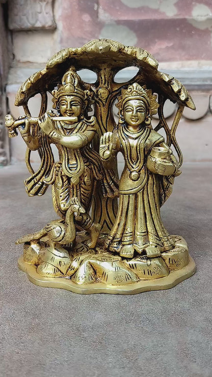 7" Brass Lord Radha Krishna Statue With Tree