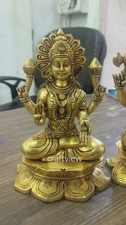 9" Brass Superfine Exquisite Ganesha Lakshmi Idols pair