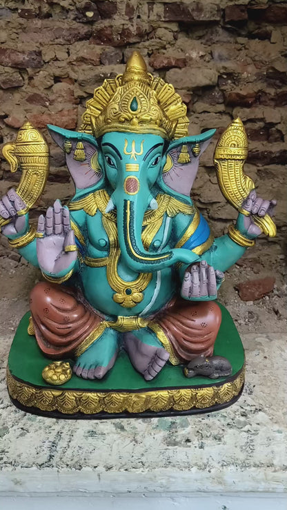 15" Brass Lord Ganesh Statue With Multicolored Finished