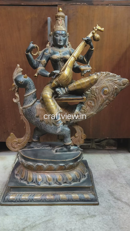 Significance of Sarasvati in Brass Art Sculpture Sitting On Peacock