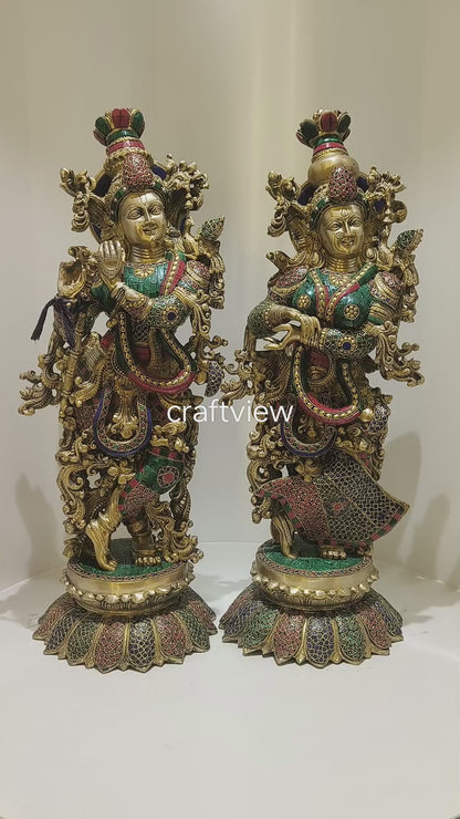 Brass Radha Krishna Statue With Multicolor Stone Work