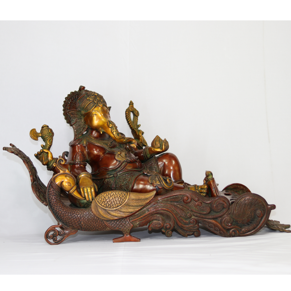 Reclined Brass Ganesha Statue 17"