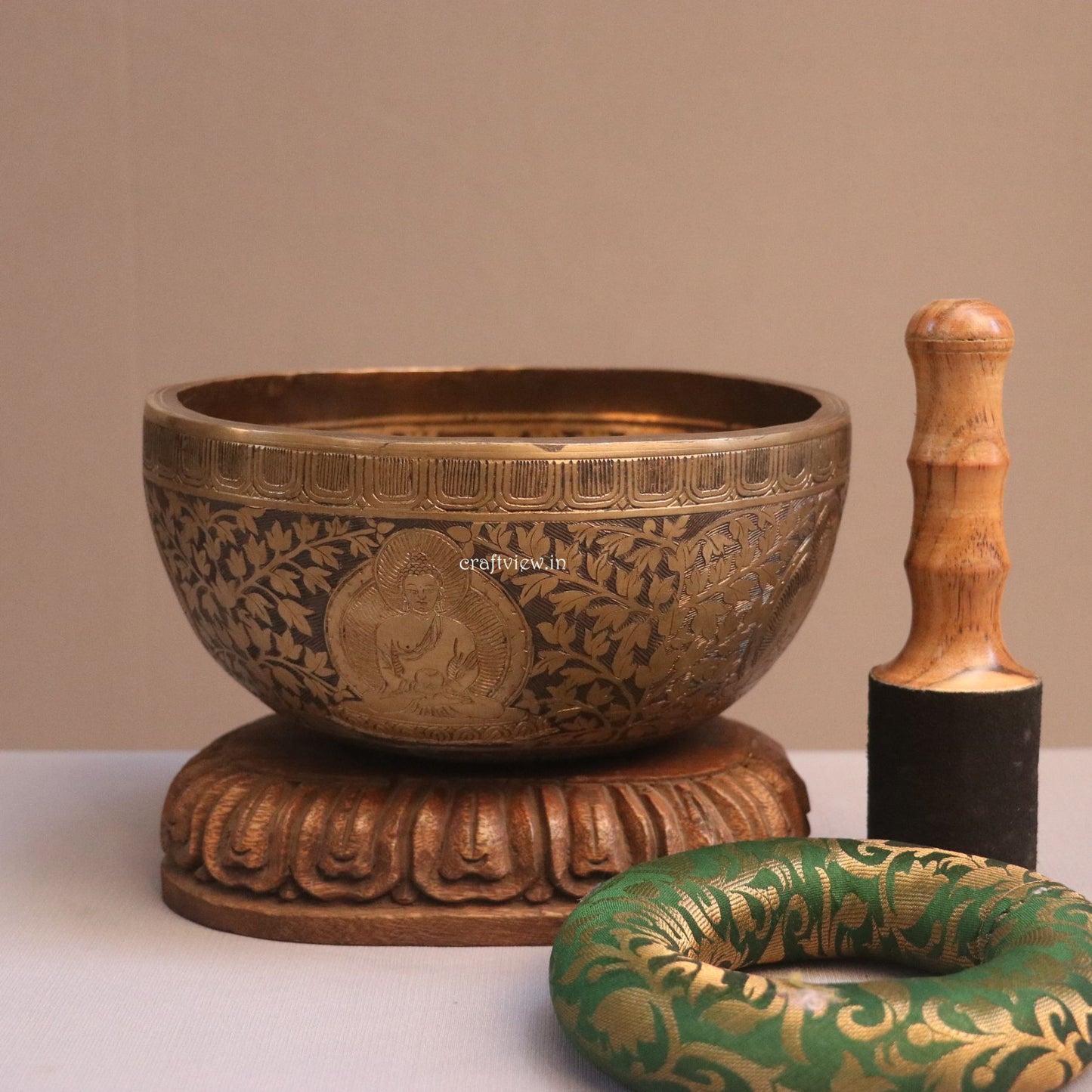 9" Buddhist Hand Beaten Jambati Singing Bowl with Buddha Carving Flower Design