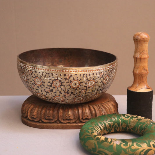 8" Buddhist Hand Beaten Jambati Singing Bowl, Vintage, Flower Design