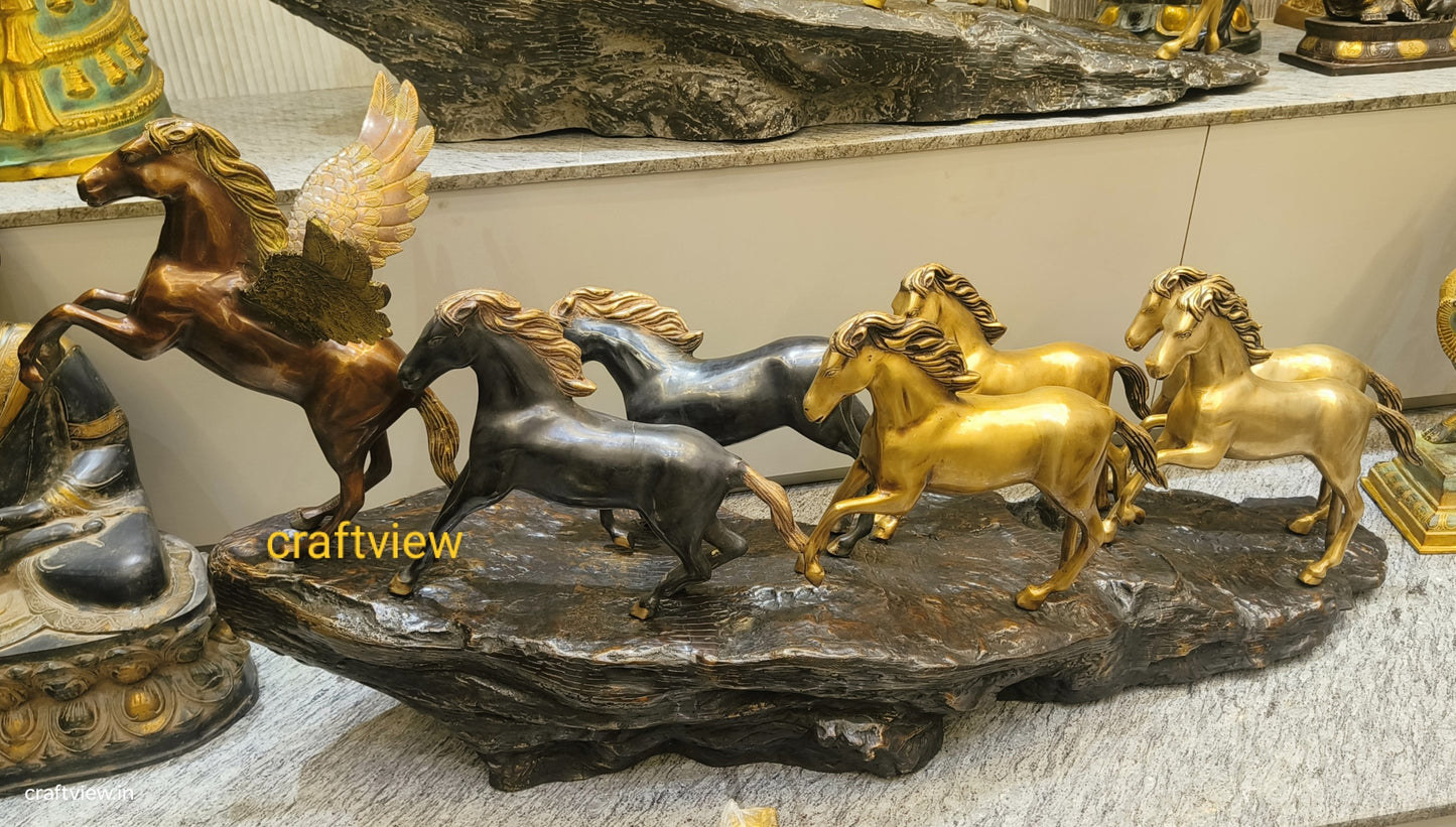 58" Large Seven Galloping Horses | Brass Statues Decor