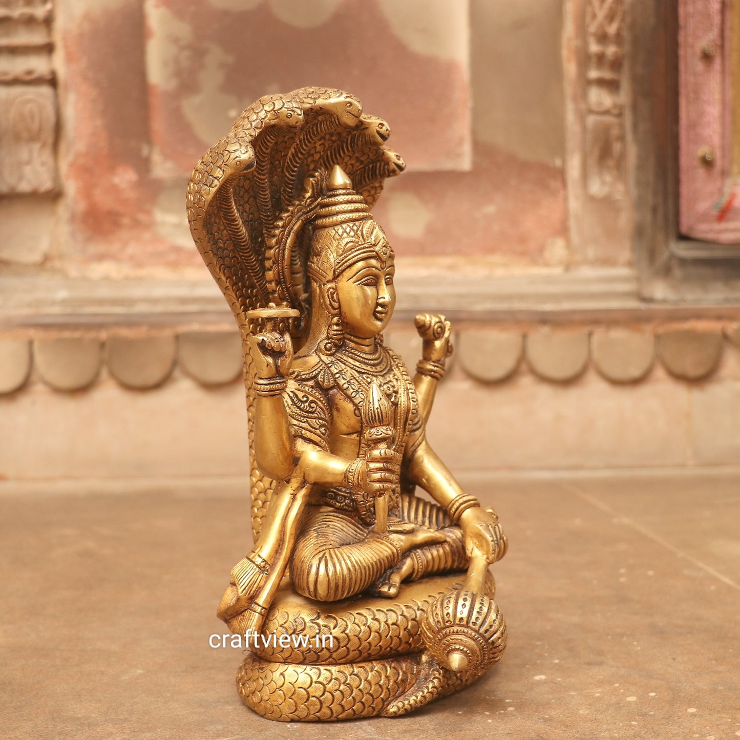 Brass Vishnu Sculpture Sitting on Shesh Naag 12.5"