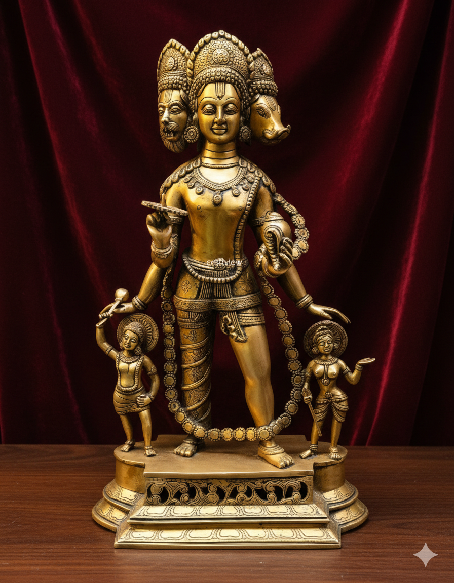 Exquisite Handcrafted Three-Headed Lord Vishnu Statue