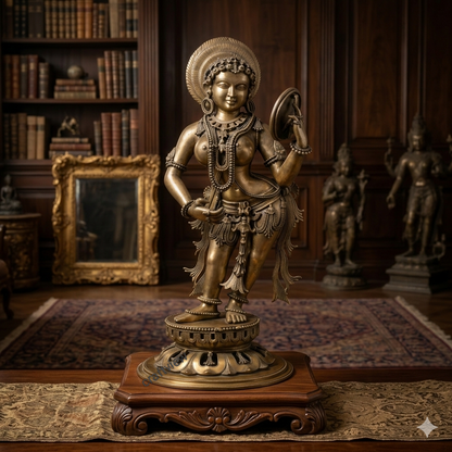 54" Apsara Holding a Mirror Sculpture Pure Bronze
