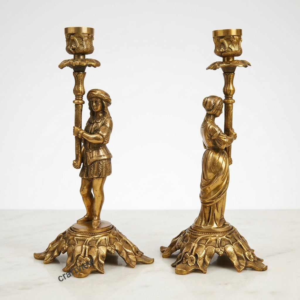 Victorian Male Female Brass Candle Stand 11"