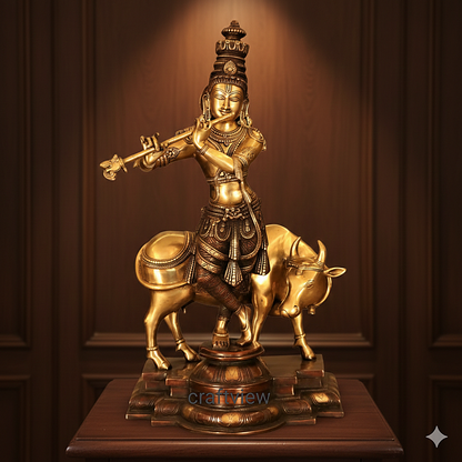 Lord Krishna With Cow standing on base Brass Statue 26.5"