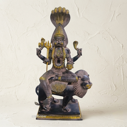 Brass Pratyangira Devi Statue, Seated on a Lion 19"