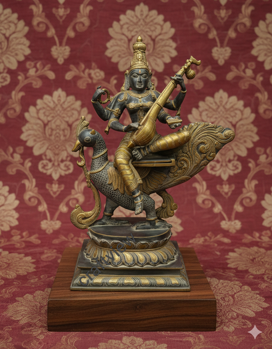 Significance of Sarasvati in Brass Art Sculpture Sitting On Peacock