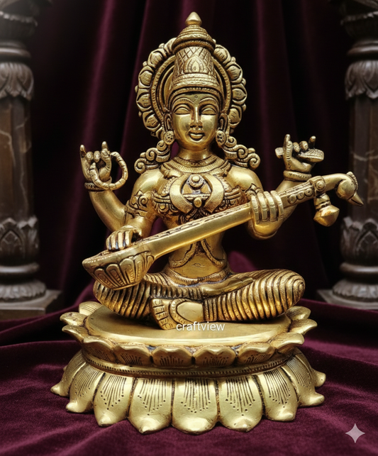 Brass Sarasvati Idol sitting on lotus 11"