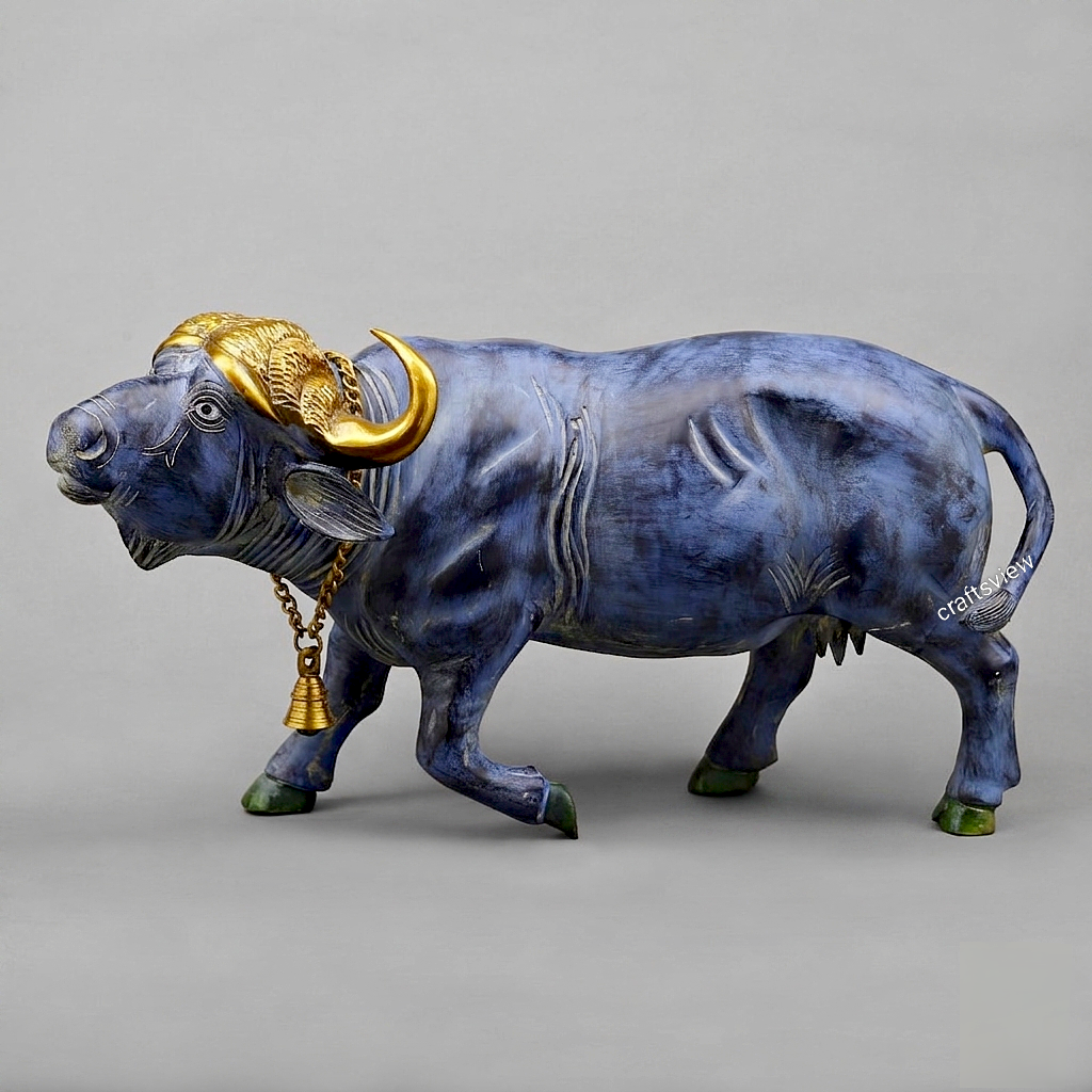 Brass Buffalo with Golden Horns – Antique Blue Finish