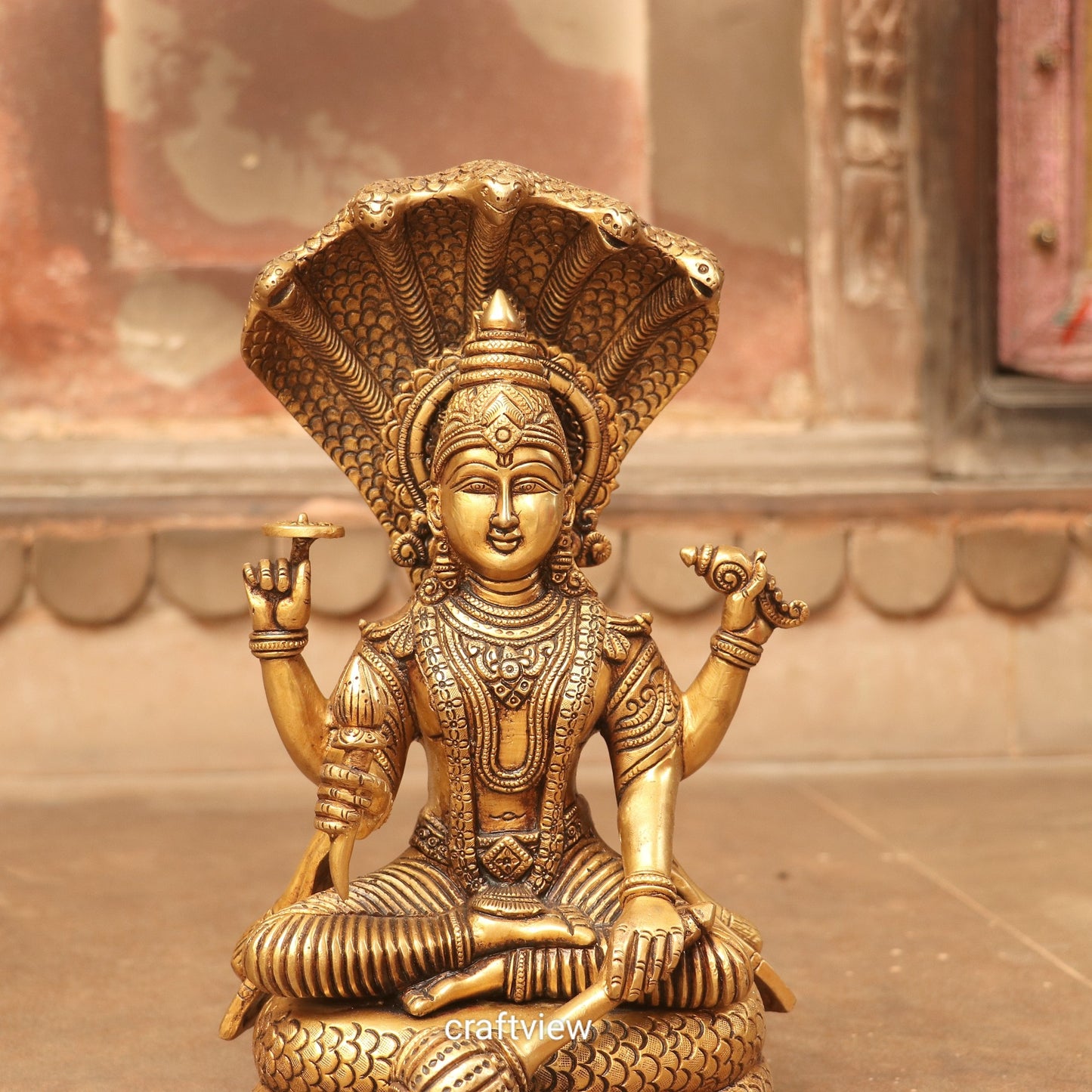 Brass Vishnu Sculpture Sitting on Shesh Naag 12.5"