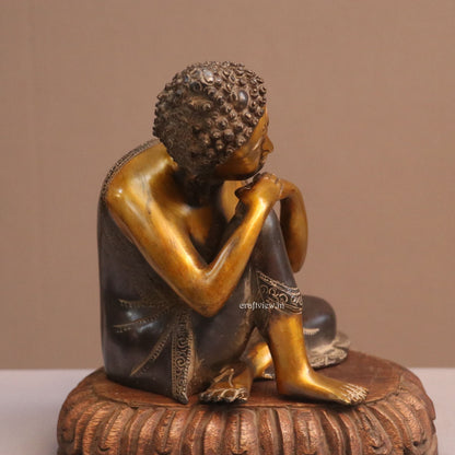 8" Thinking Buddha Brass Statue