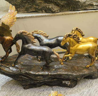 58" Large Seven Galloping Horses | Brass Statues Decor