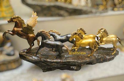 58" Large Seven Galloping Horses | Brass Statues Decor