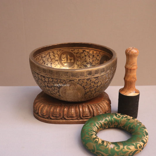 9" Buddhist Hand Beaten Jambati Singing Bowl with Buddha Carving Flower Design Craftsview