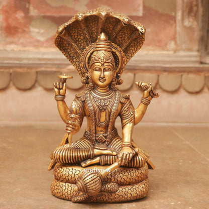 Brass Vishnu Sculpture Sitting on Shesh Naag 12.5"