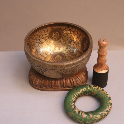 9" Buddhist Hand Beaten Jambati Singing Bowl with Buddha Carving Flower Design