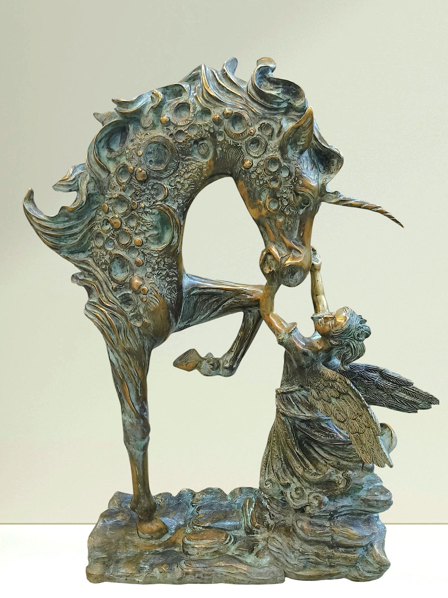 Decorative Bronze Sculpture a Mythical Unicorn-Like Horse and a Fairy/angel Figure.